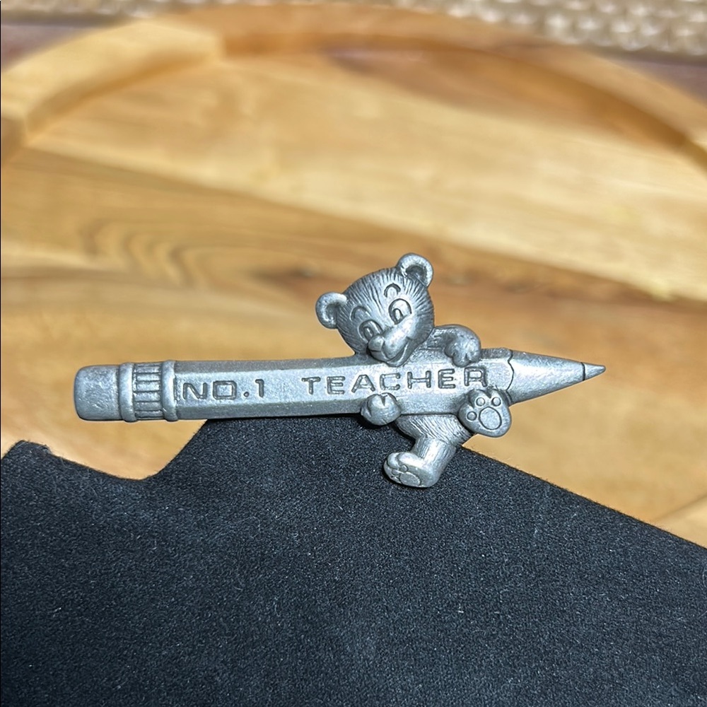 JJ Chrome Silver Tone 'No.1 Teacher' Bear Brooch vintage